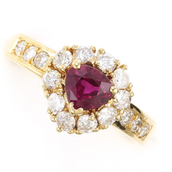 【通常価格より15%OFF】【素材】 K18/イエローゴールド【石目】 天然ルビー 0.68ct 天然ダイアモンド 0.58ct【自社色石評価】 A 【総重量】 約4.3g【サイズ】 約11号【最大幅