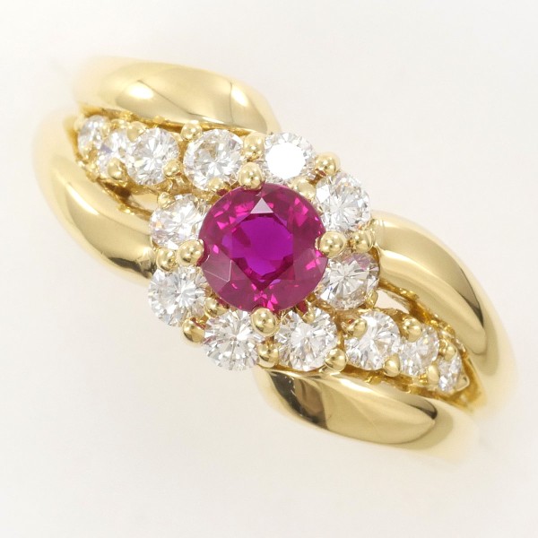 【通常価格より20%OFF】【素材】 K18/イエローゴールド【石目】 天然ルビー 0.64ct 天然ダイアモンド 0.62ct【自社色石評価】 B 【総重量】 約9.4g【サイズ】 約14号【最大幅